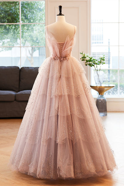 Pink Deep V Neck Straps Beaded Appliques Multi-Layers Maxi Formal Dress