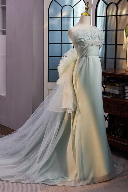 Light Green Mermaid Strapless Floral Empire Long Prom Dress with Train