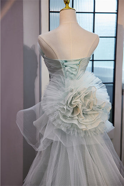 Light Green Mermaid Strapless Floral Empire Long Prom Dress with Train