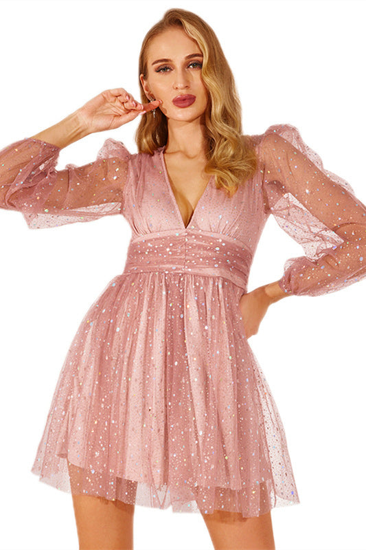 Black Beaded Illusion Long Sleeves V Neck Tulle Homecoming Dress