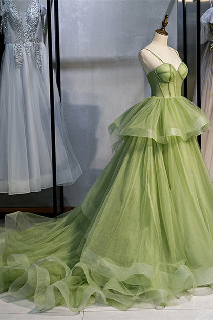 Light Green A-line Straps Ruffle-Layers Sweeping Maxi Formal Dress
