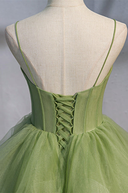 Light Green A-line Straps Ruffle-Layers Sweeping Maxi Formal Dress