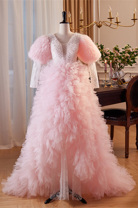 Pink Deep V Neck Lace Sleeves Ruffle-Layers Hi-Low Formal Dress with Feathers