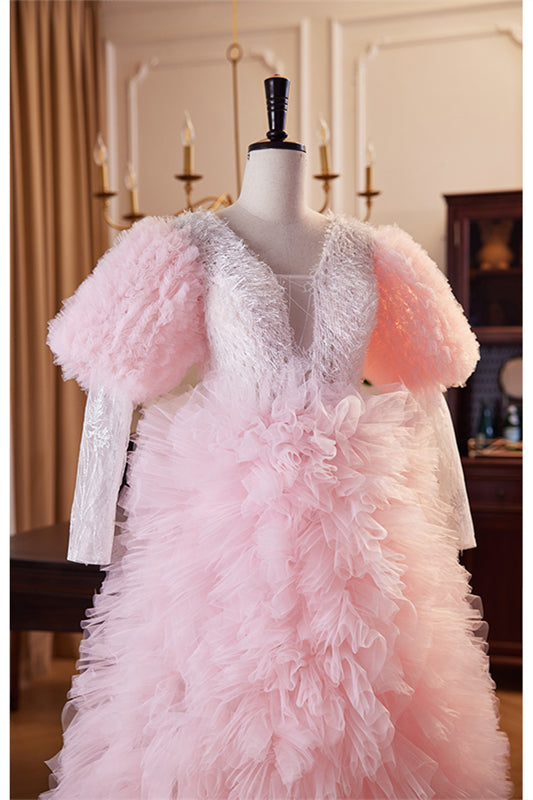 Pink Deep V Neck Lace Sleeves Ruffle-Layers Hi-Low Formal Dress with Feathers