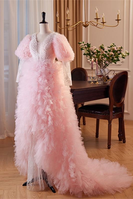 Pink Deep V Neck Lace Sleeves Ruffle-Layers Hi-Low Formal Dress with Feathers