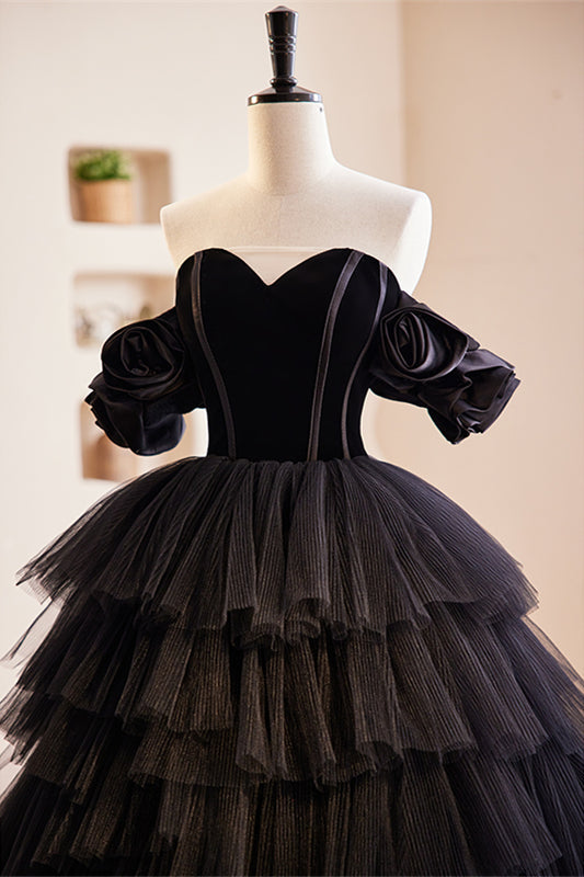 Black Flower Off-the-Shoulder Sweetheart Multi-Layers Maxi Formal Dress