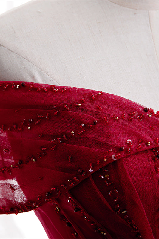 Red Folded Off-the-Shoulder Beaded Tea Length Formal Dress