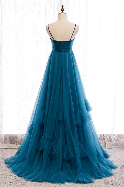 Sweetheart Sleeveless Tulle A-Line Party Prom Dress With Train