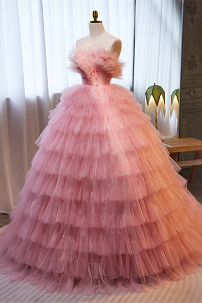 Pink Ruffled Strapless A-line Multi-Layers Long Prom Dress