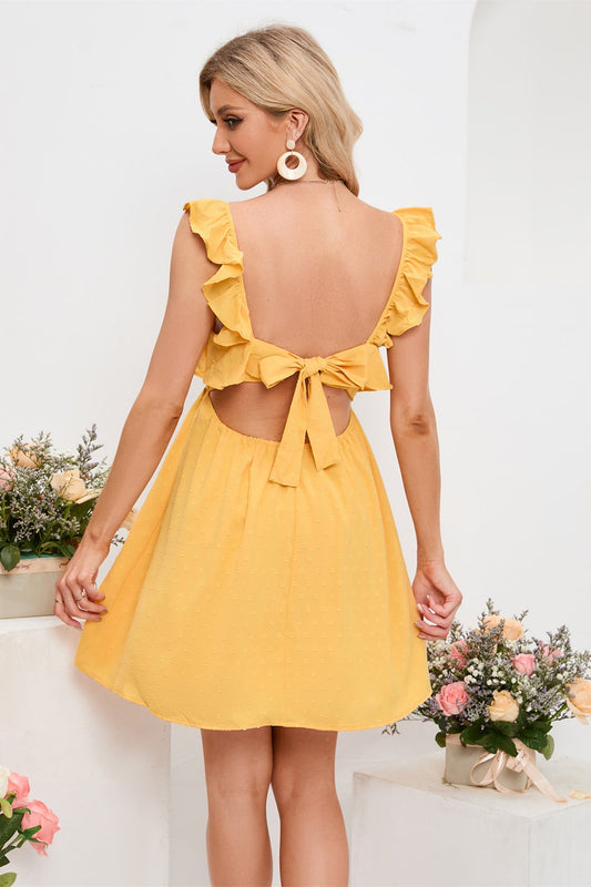 Yellow Flutter Sleeves Square Neck Bow Tie Homecoming Dress