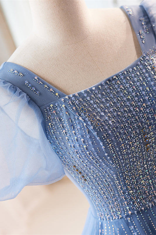 Blue Beaded Puff Sleeves A-line Tulle Long Prom Dress