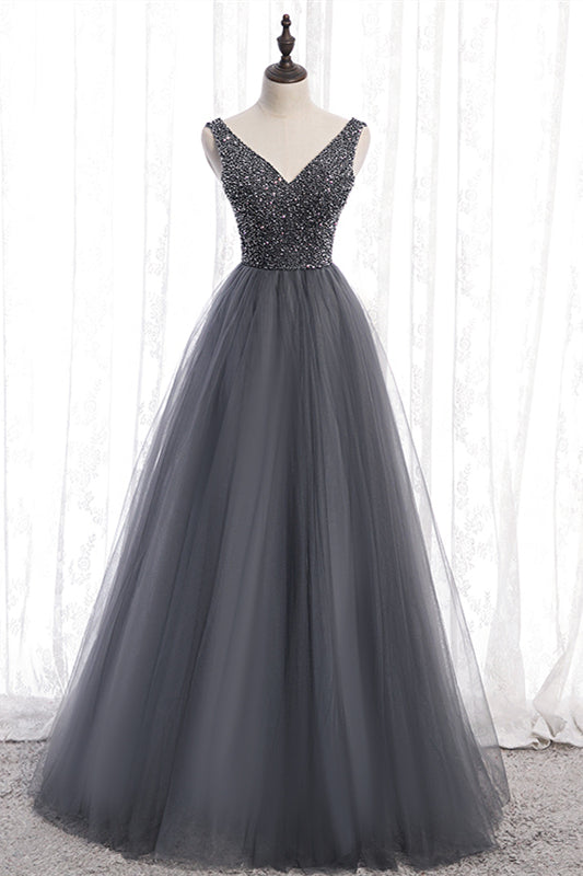 Sequin And Tulle A-Line V-Neck Sleeveless Party Prom Dress