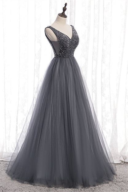 Sequin And Tulle A-Line V-Neck Sleeveless Party Prom Dress