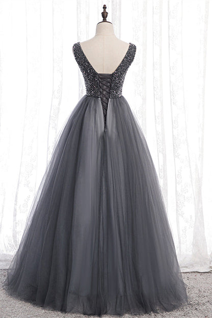 Sequin And Tulle A-Line V-Neck Sleeveless Party Prom Dress