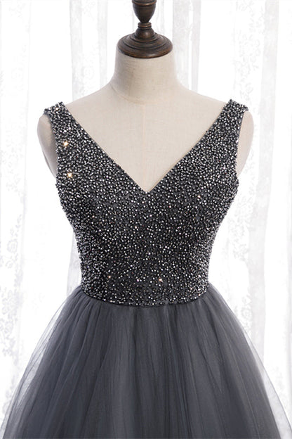 Sequin And Tulle A-Line V-Neck Sleeveless Party Prom Dress