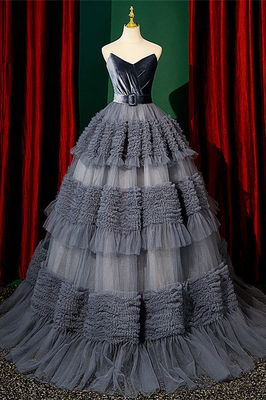 Mist Off-the-Shoulder Ruffle-Layers Maxi Formal Dress with Sash