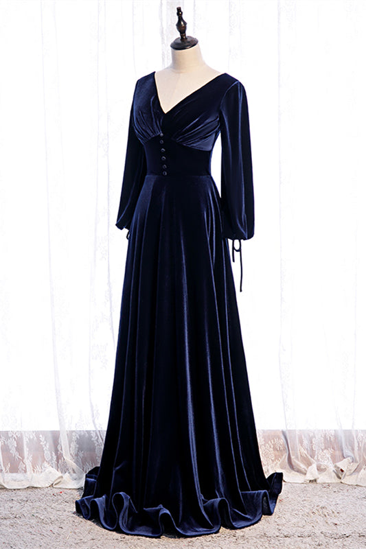 Long Sleeves Empire V-Neck A-Line Velvet Party Evening Dress
