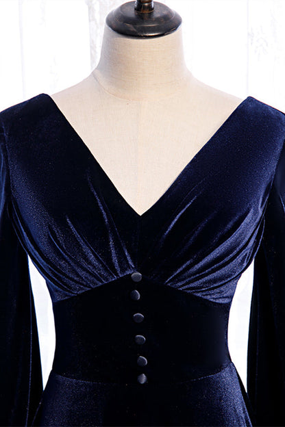 Long Sleeves Empire V-Neck A-Line Velvet Party Evening Dress