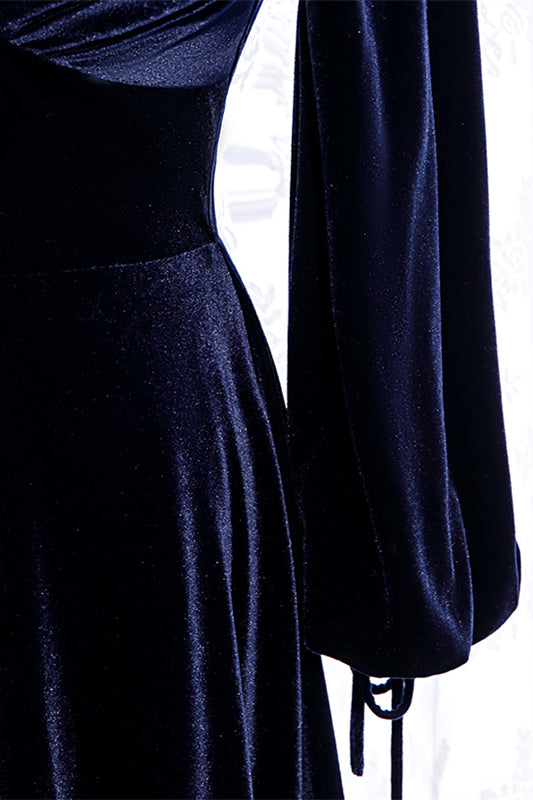 Long Sleeves Empire V-Neck A-Line Velvet Party Evening Dress