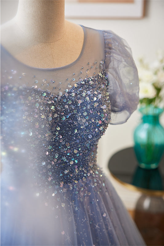 Blue Illusion Neck Puff Sleeves A-line Sequined Long Prom Dress