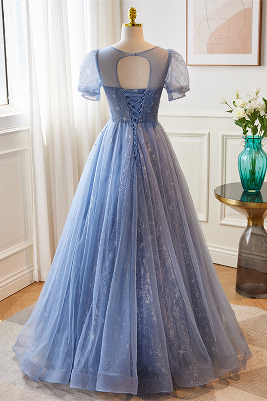 Blue Illusion Neck Puff Sleeves A-line Sequined Long Prom Dress