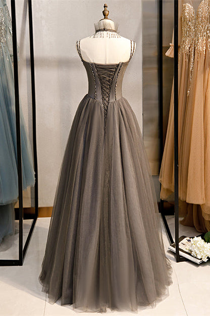 Grey Illusion Neck Beading Ruffle Beaded Double Straps Maxi Formal Dress
