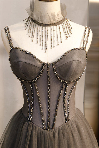 Grey Illusion Neck Beading Ruffle Beaded Double Straps Maxi Formal Dress