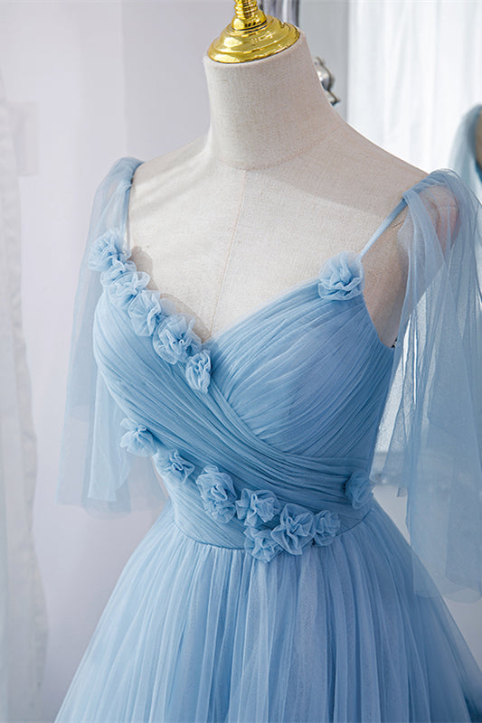 Light Blue V Neck Flaunt Sleeves Flowers Multi-Layers Maxi Formal Dress