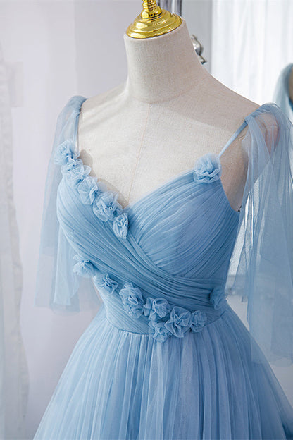 Light Blue V Neck Flaunt Sleeves Flowers Multi-Layers Maxi Formal Dress
