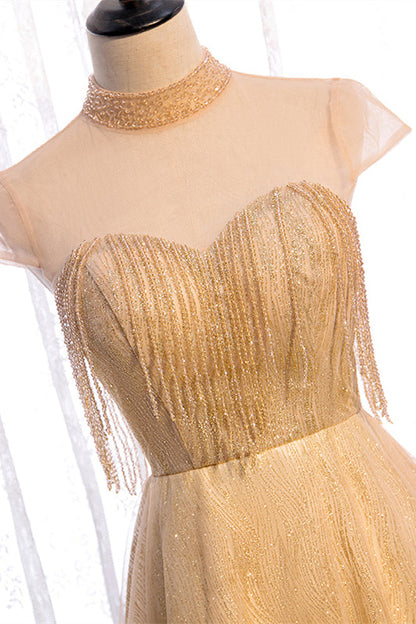 High Neck Cap Sleeves Tulle A-Line Sparkly Party Evening Dress