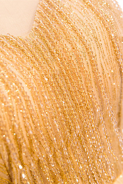 High Neck Cap Sleeves Tulle A-Line Sparkly Party Evening Dress