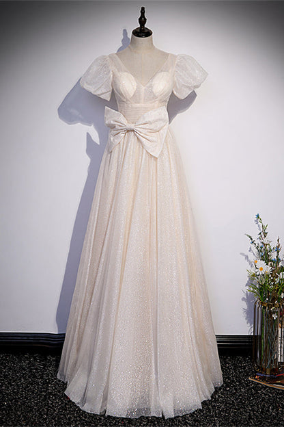 Champagne V Neck Puff Sleeves Maxi Formal Dress with Bow