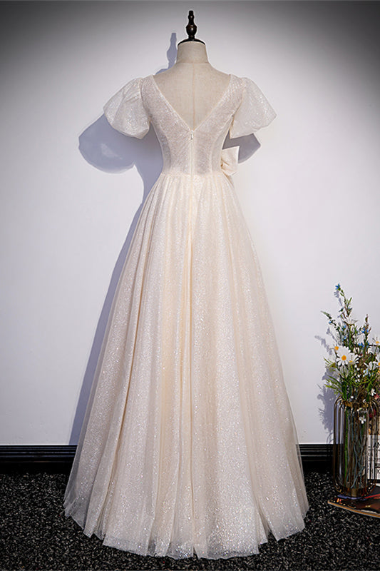 Champagne V Neck Puff Sleeves Maxi Formal Dress with Bow