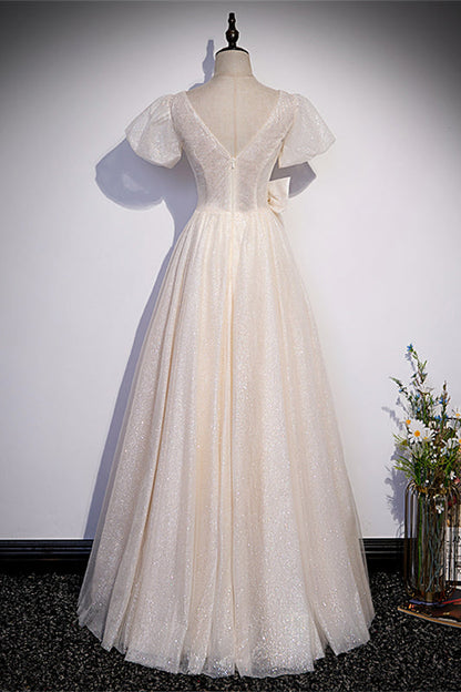 Champagne V Neck Puff Sleeves Maxi Formal Dress with Bow
