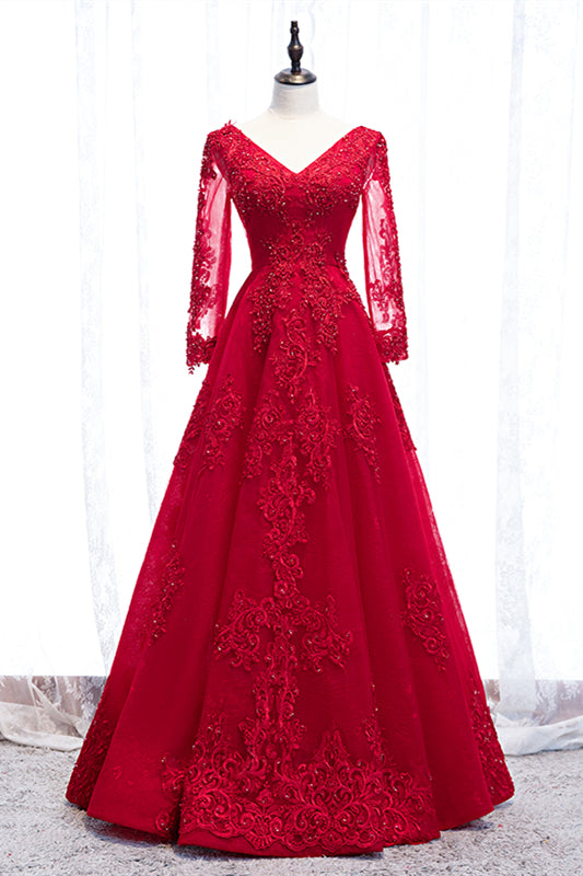 V-Neck Long Sleeves A-Line Lace Appliques Party Evening Dress