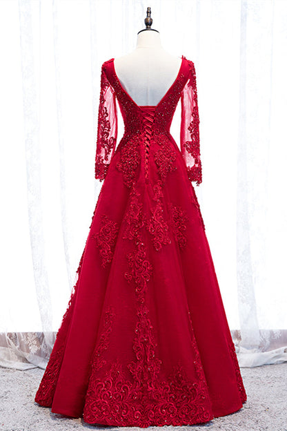 V-Neck Long Sleeves A-Line Lace Appliques Party Evening Dress