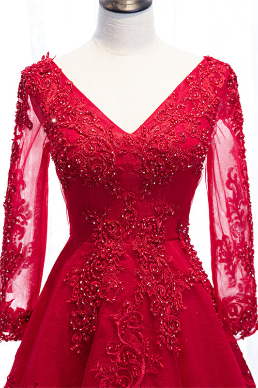 V-Neck Long Sleeves A-Line Lace Appliques Party Evening Dress
