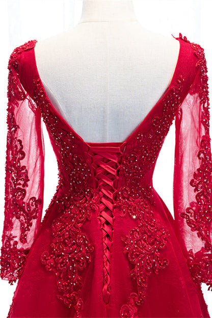 V-Neck Long Sleeves A-Line Lace Appliques Party Evening Dress