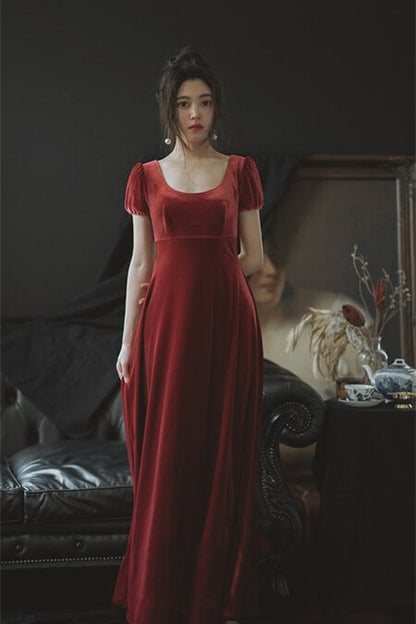 Burgundy Velvet Long Bridesmaid Dress with Cap Sleeves