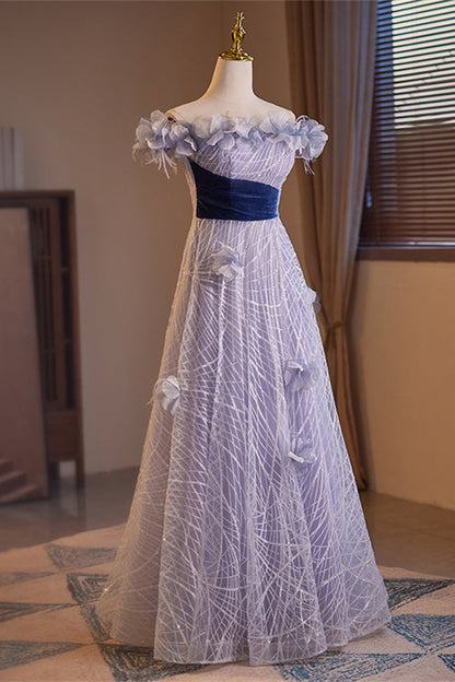 Lavender Off-the-Shoulder Flowers A-line Lace-Up Long Prom Dress
