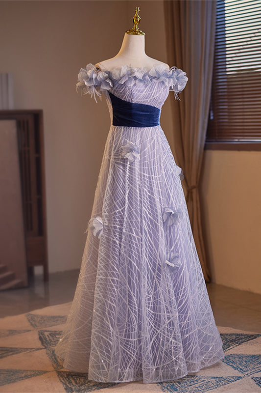 Lavender Off-the-Shoulder Flowers A-line Lace-Up Long Prom Dress