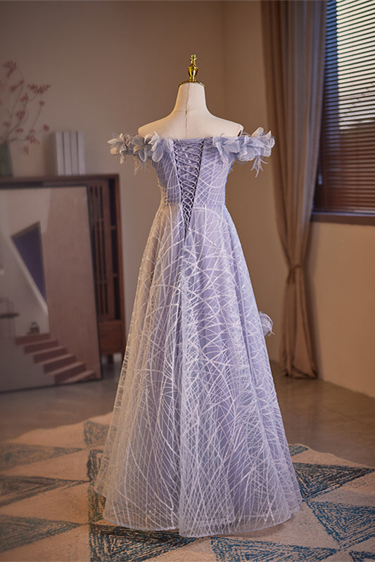 Lavender Off-the-Shoulder Flowers A-line Lace-Up Long Prom Dress
