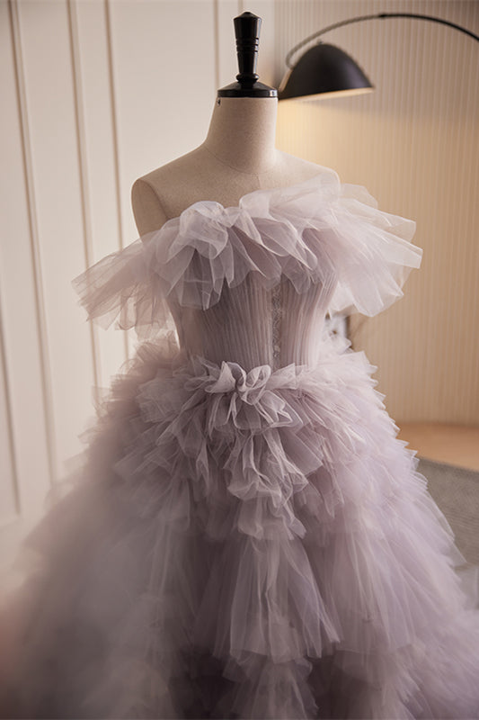 Light Purple Strapless Pleated Ruffle-Layers Maxi Formal Dress