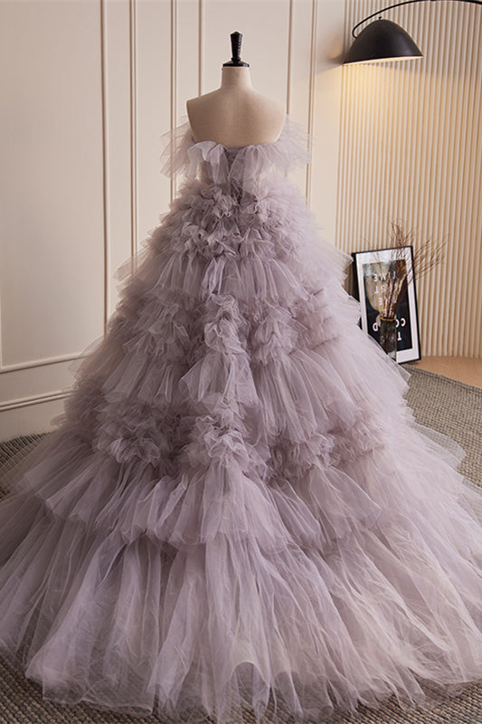 Light Purple Strapless Pleated Ruffle-Layers Maxi Formal Dress
