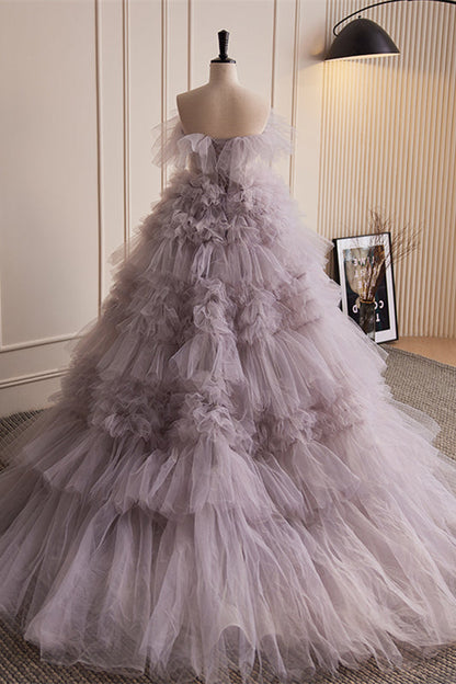 Light Purple Strapless Pleated Ruffle-Layers Maxi Formal Dress