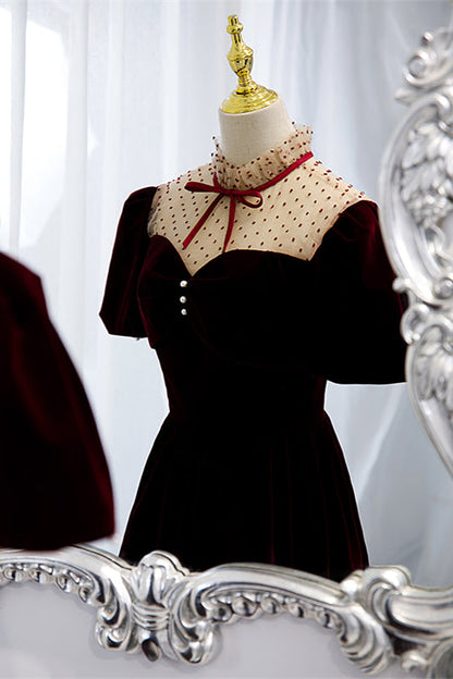 Burgundy Illusion Neck Puff Sleeves Bow Tie Maxi Formal Dress with Buttons