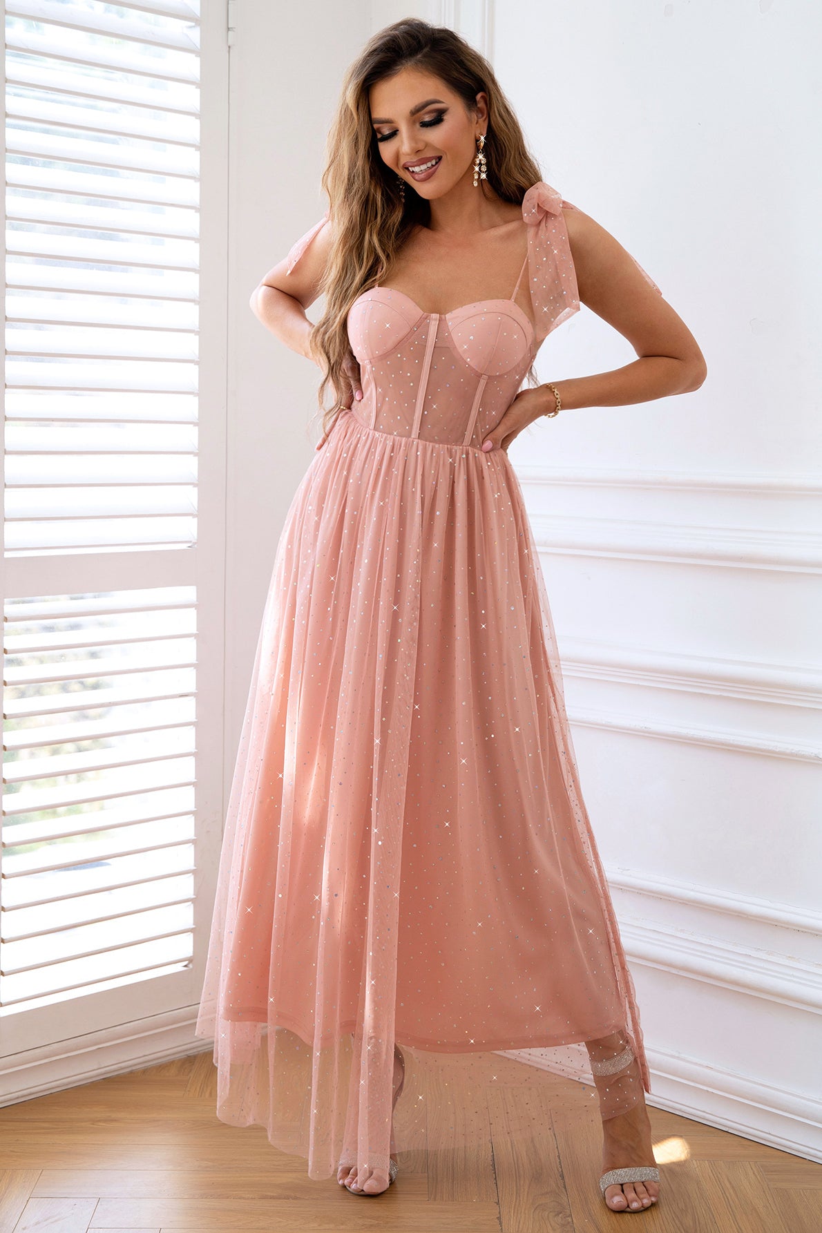 Pink Bow Tie Shoulder A-line Beaded Long Prom Dress