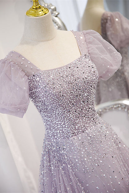 Light Purple Square Neck Sleeves Beaded Maxi Formal Dress