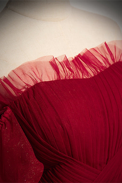 Red Off-the-Shoulder Pleated Ruffle Maxi Formal Dress with Sash