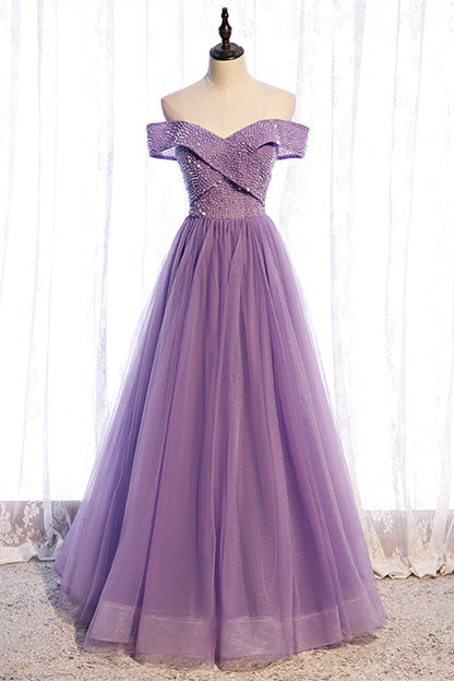 Sparkly Off-Shoulder A-Line Floor-Length Party Evening Dress
